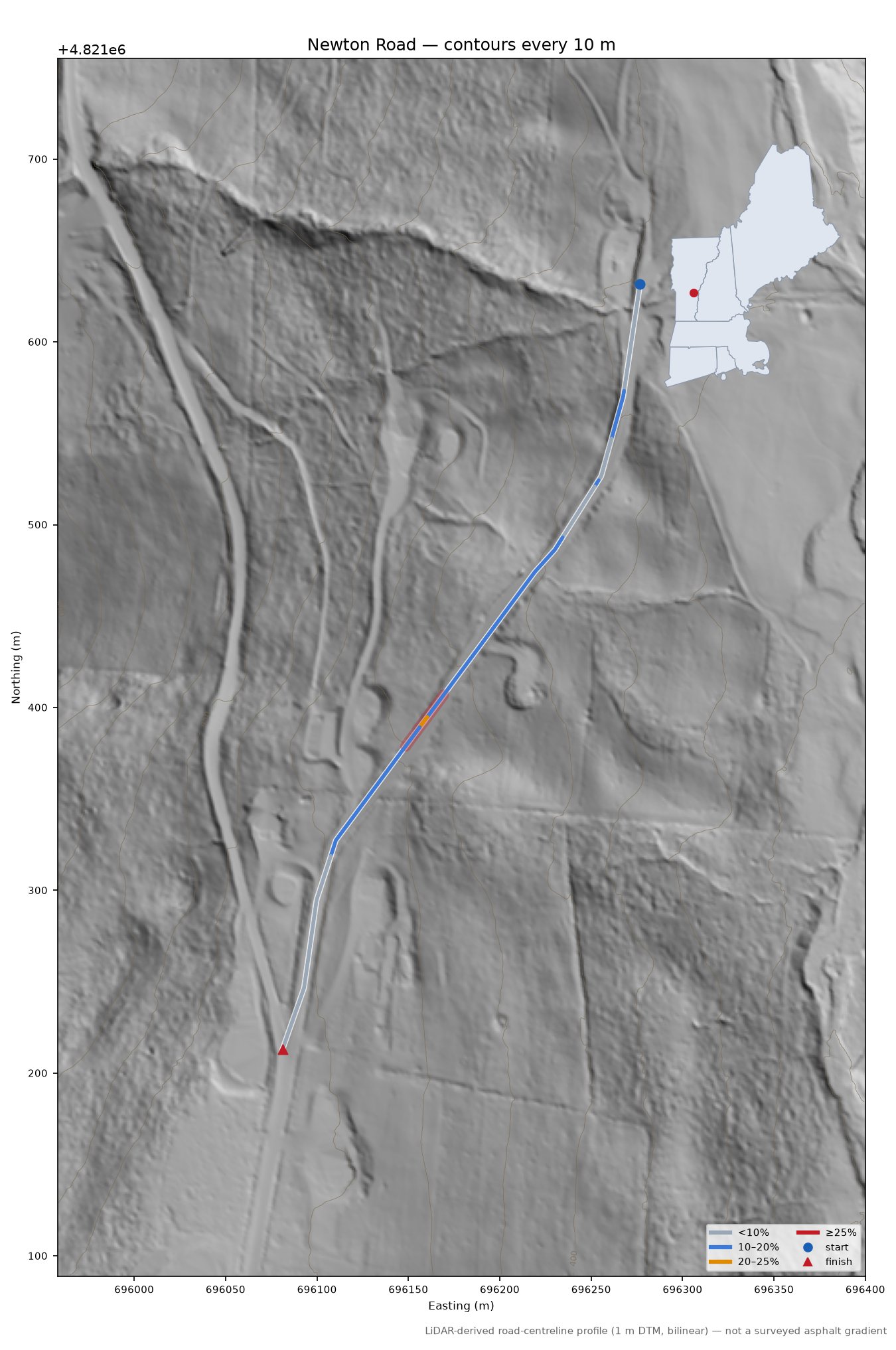 Newton Road LiDAR hillshade map with contours