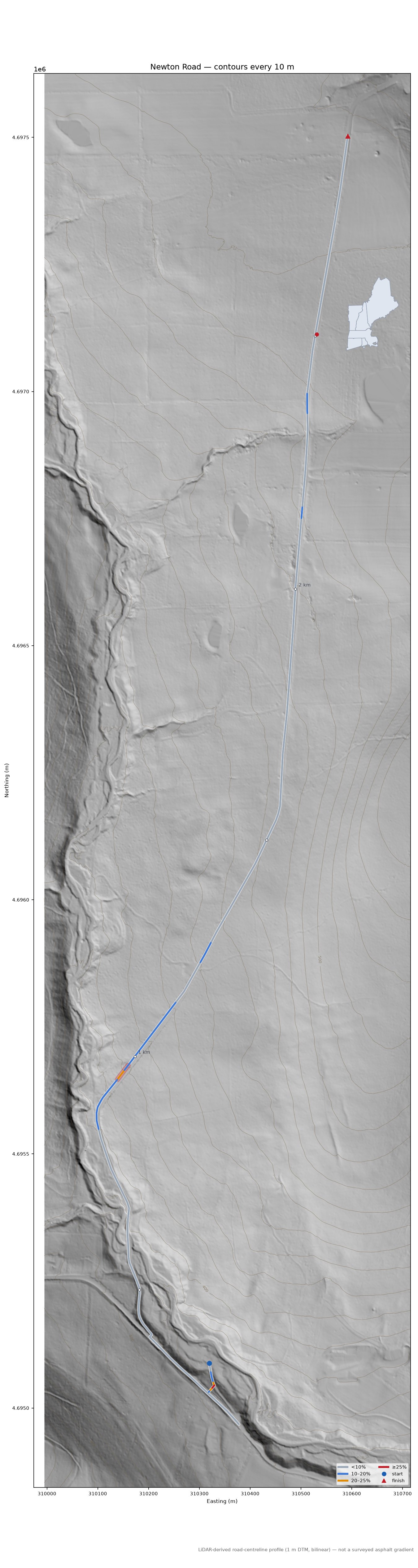 Newton Road LiDAR hillshade map with contours