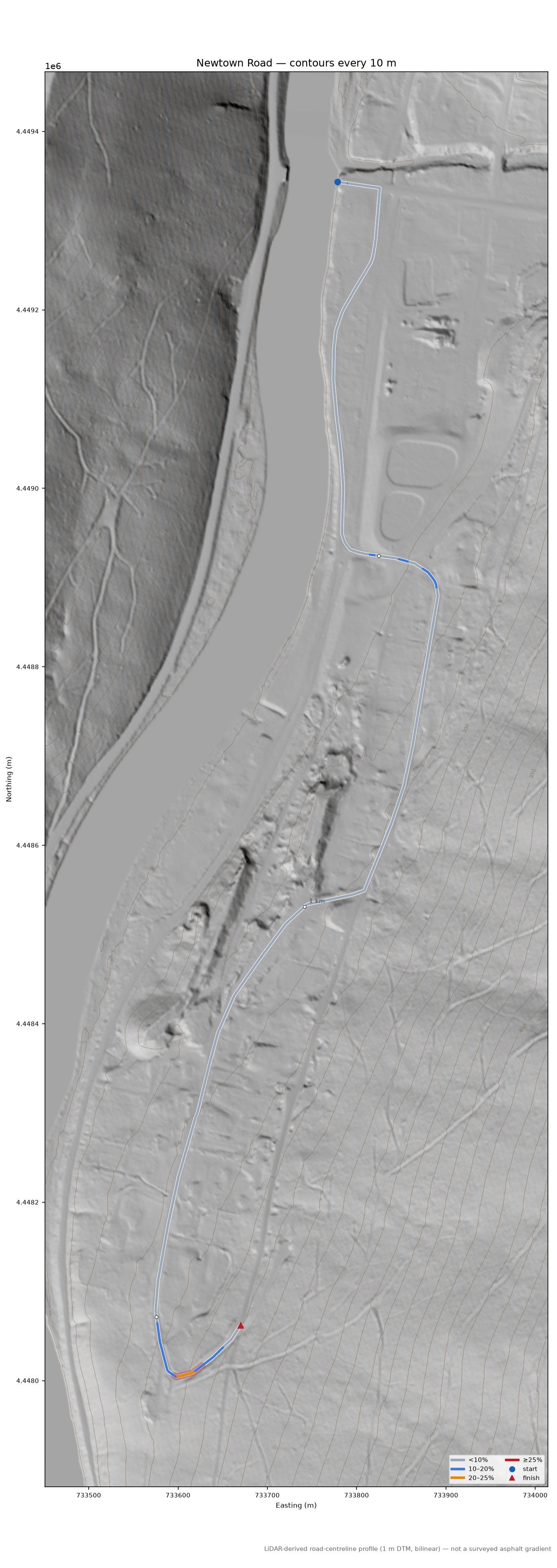 Newtown Road LiDAR hillshade map with contours