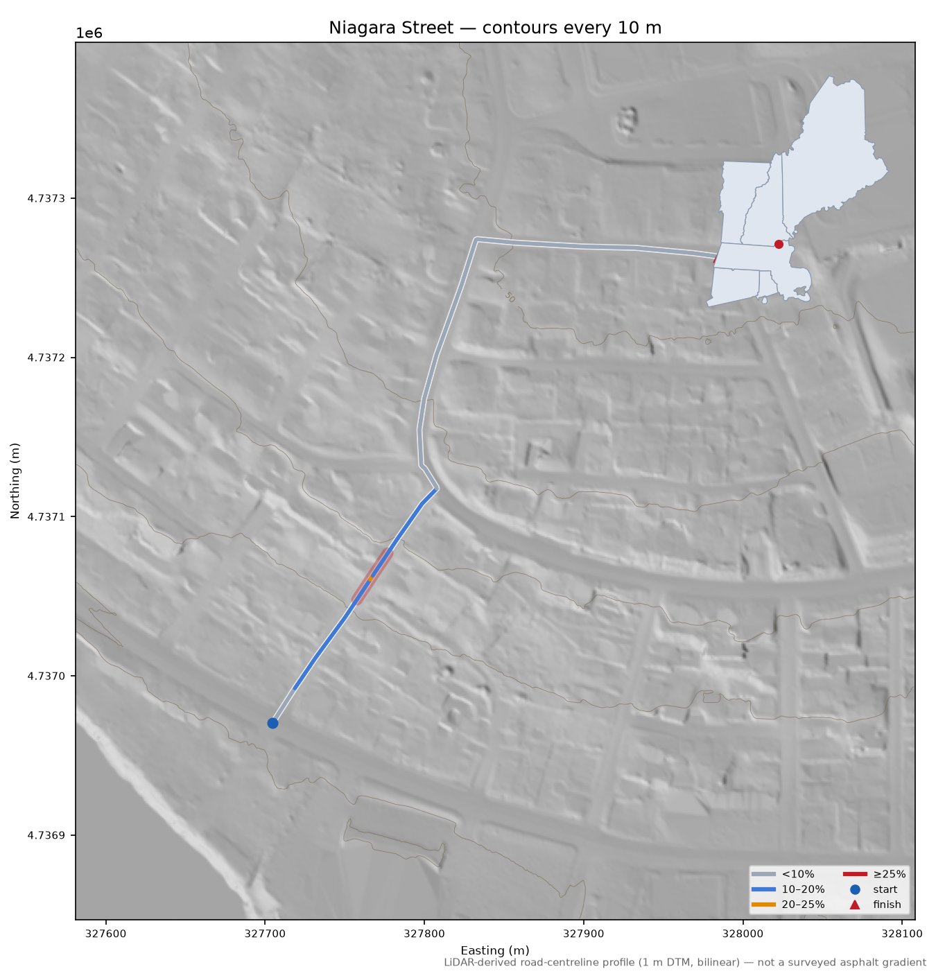 Niagara Street LiDAR hillshade map with contours