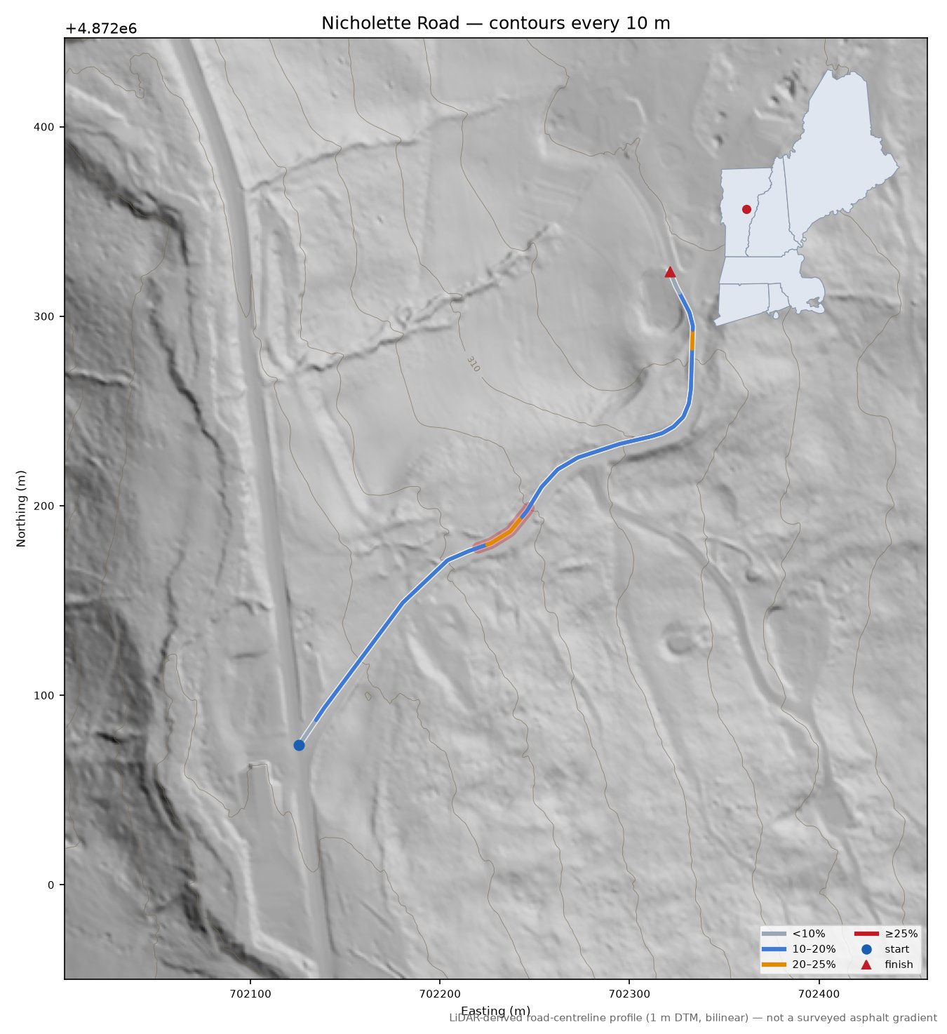 Nicholette Road LiDAR hillshade map with contours