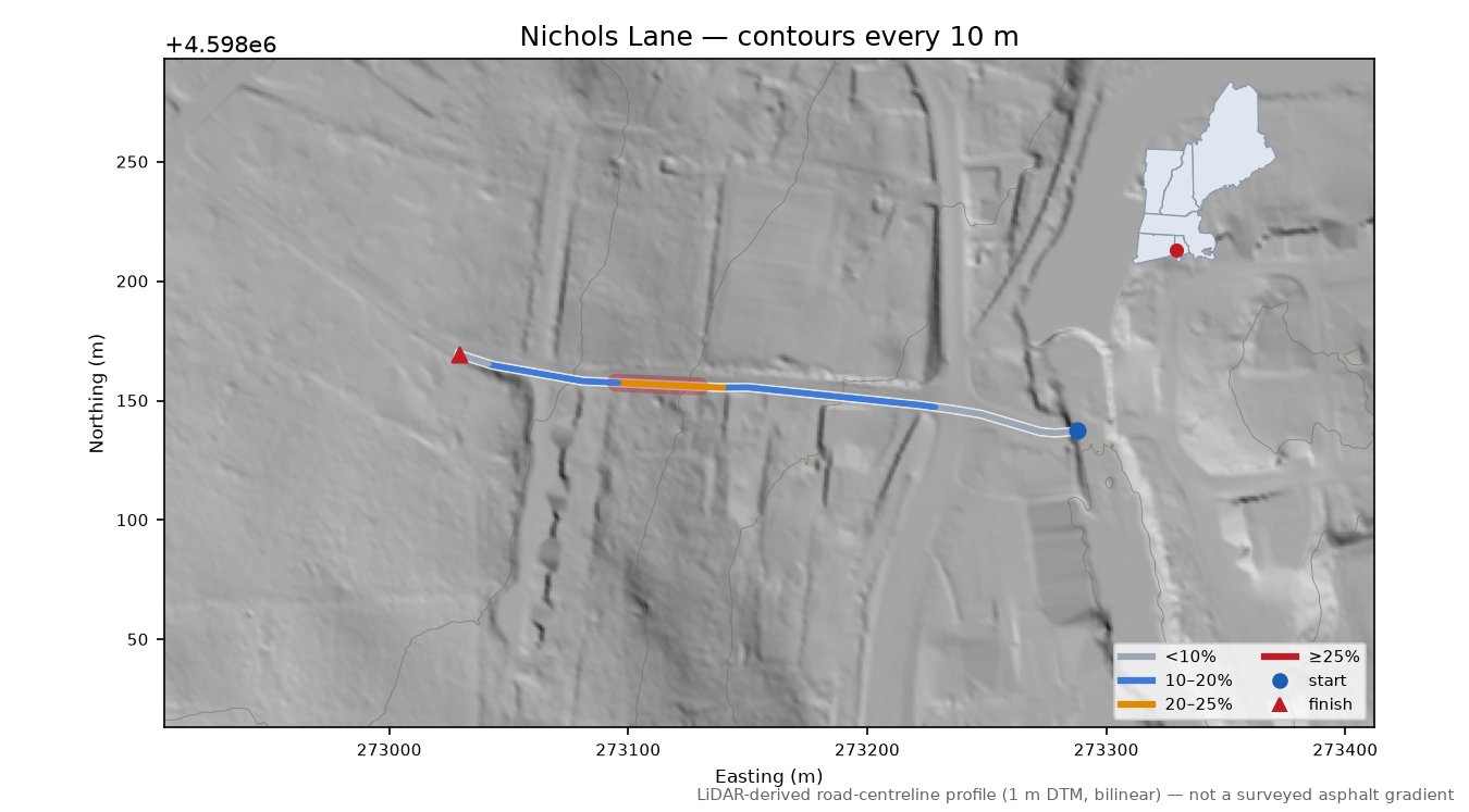 Nichols Lane LiDAR hillshade map with contours