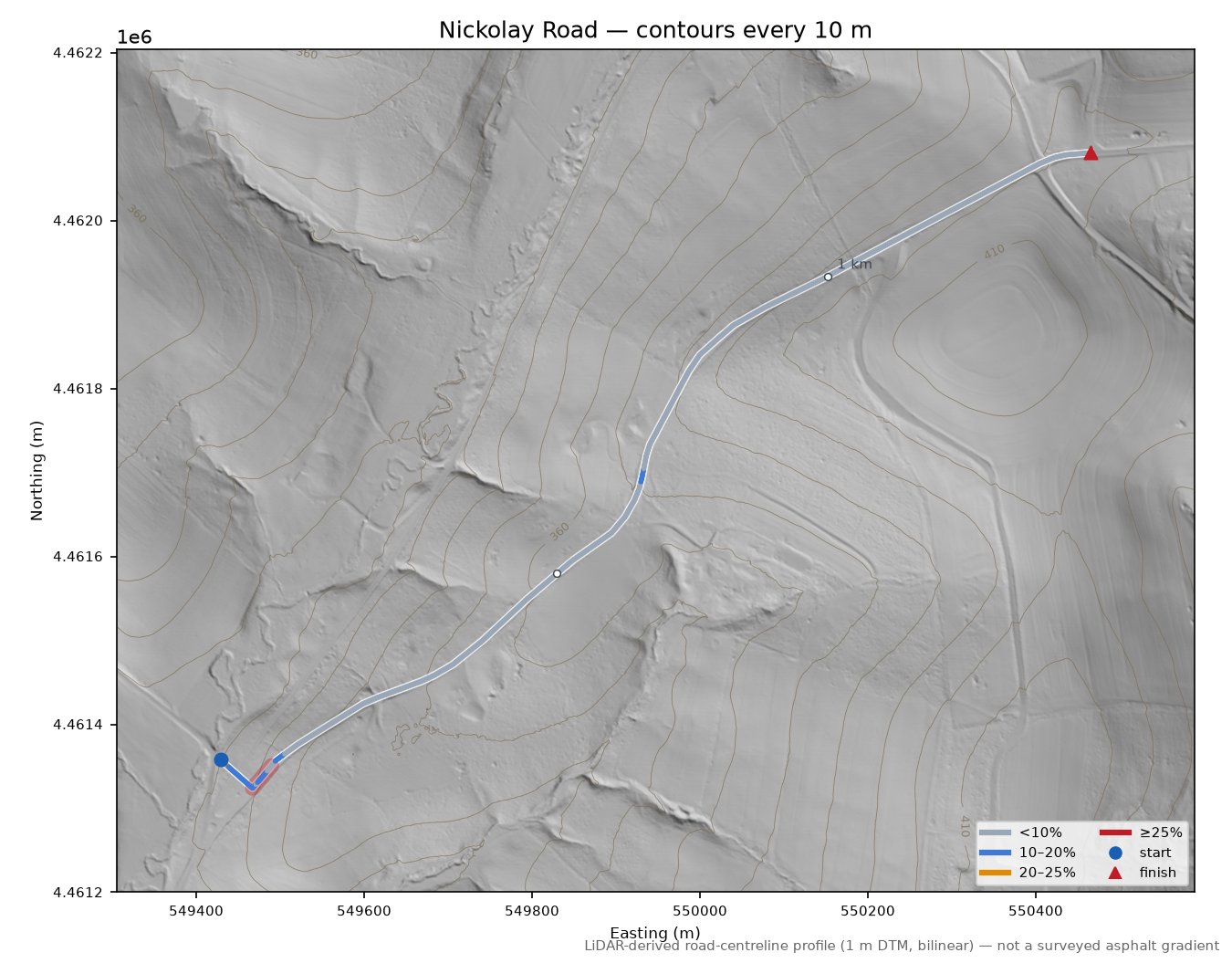 Nickolay Road LiDAR hillshade map with contours