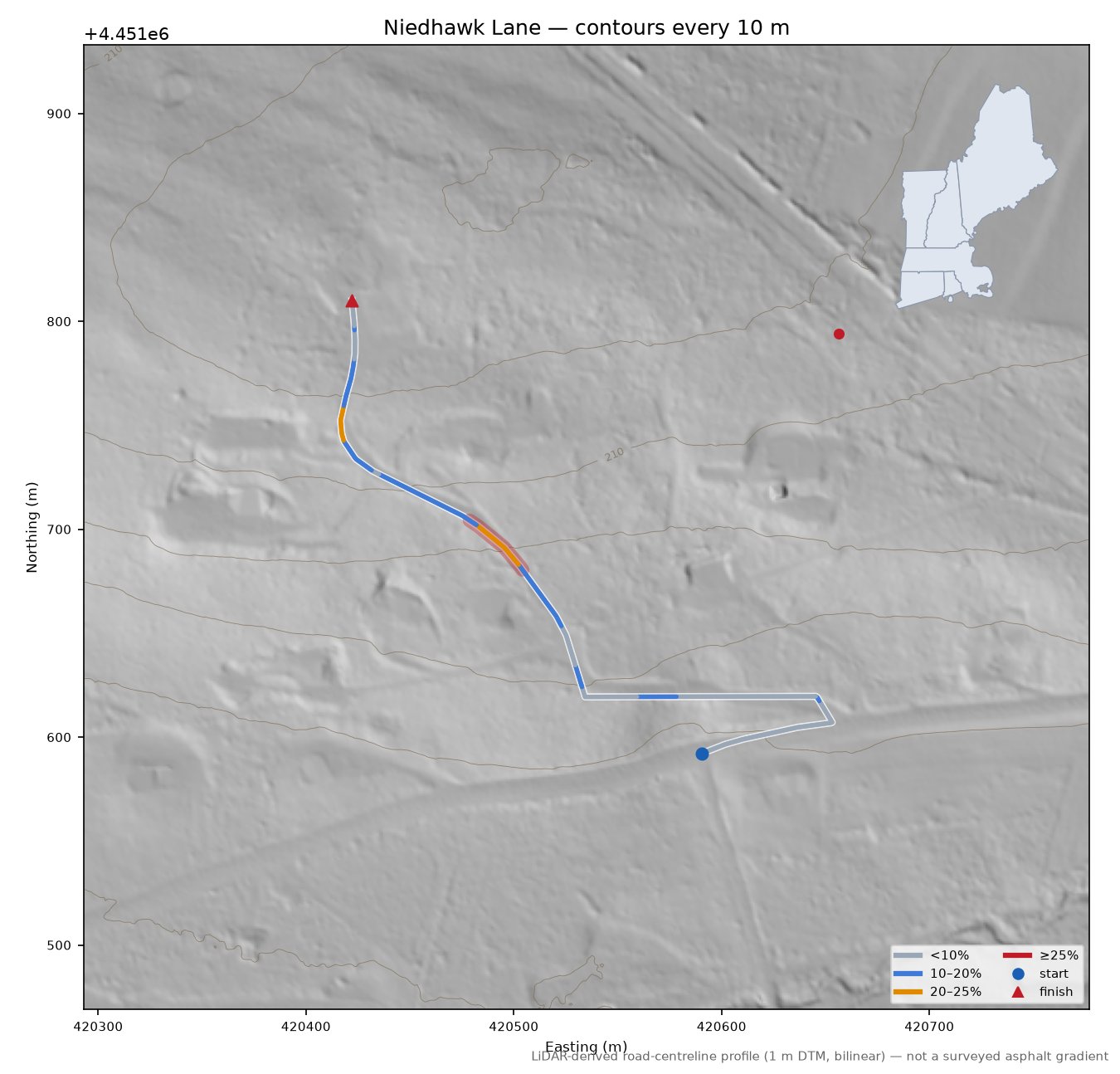 Niedhawk Lane LiDAR hillshade map with contours