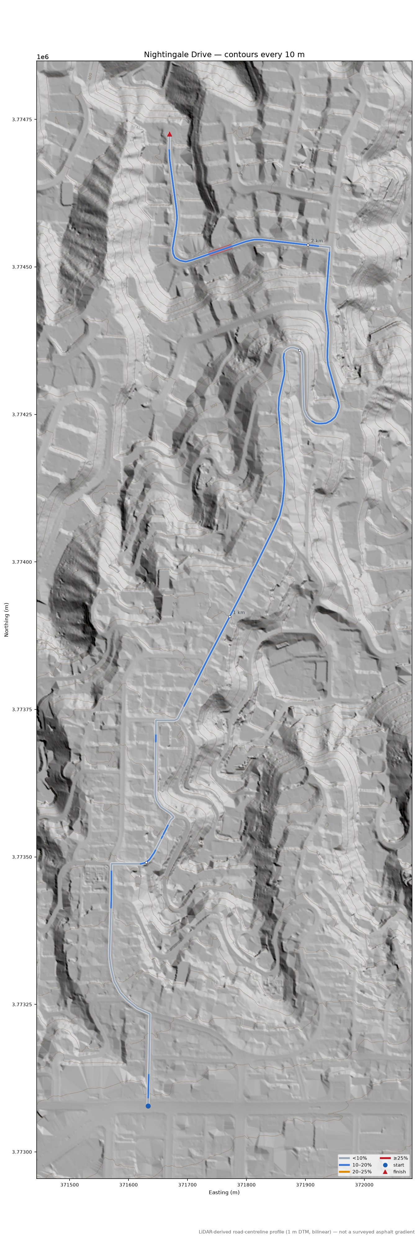 Nightingale Drive LiDAR hillshade map with contours