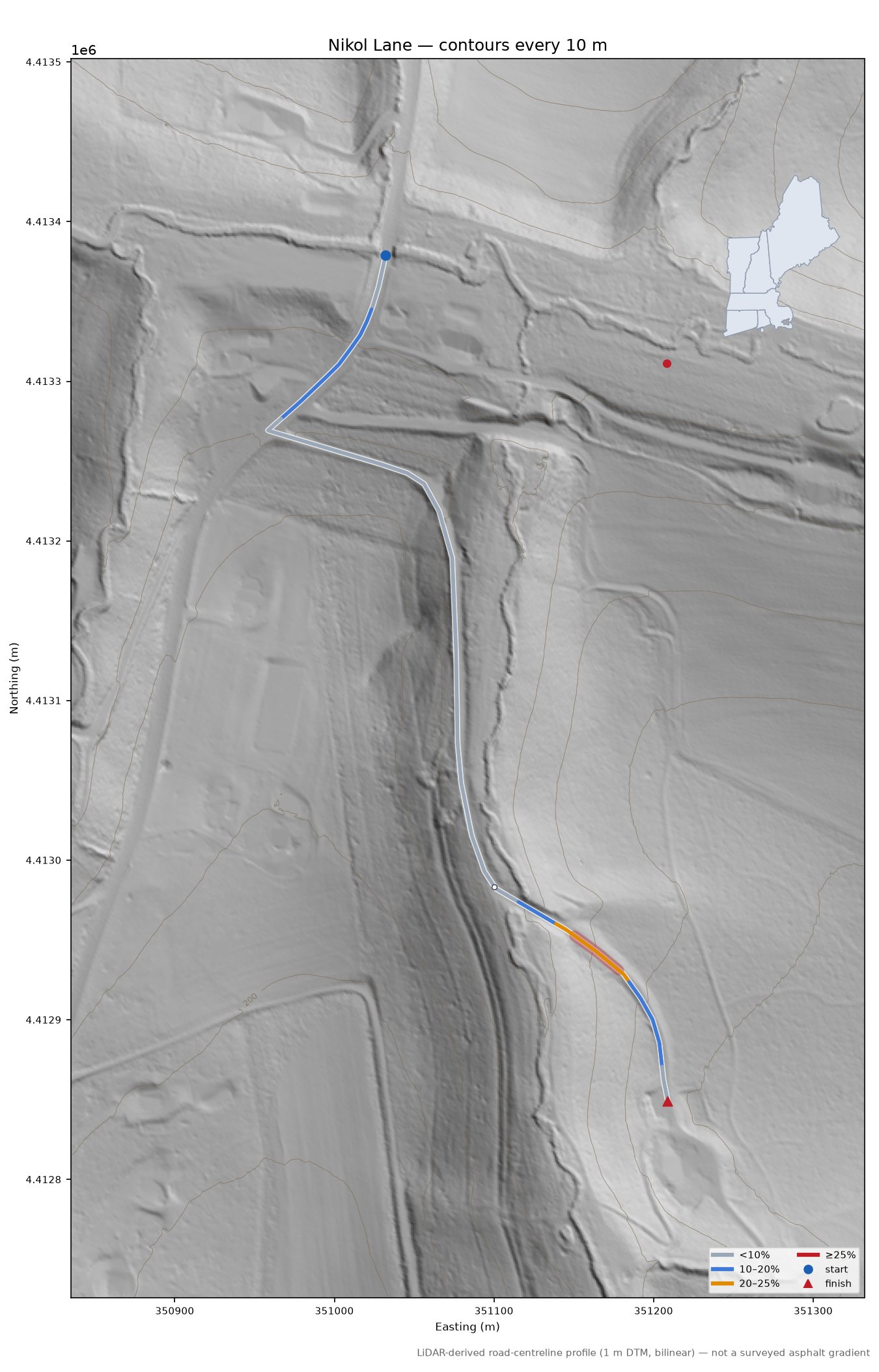 Nikol Lane LiDAR hillshade map with contours