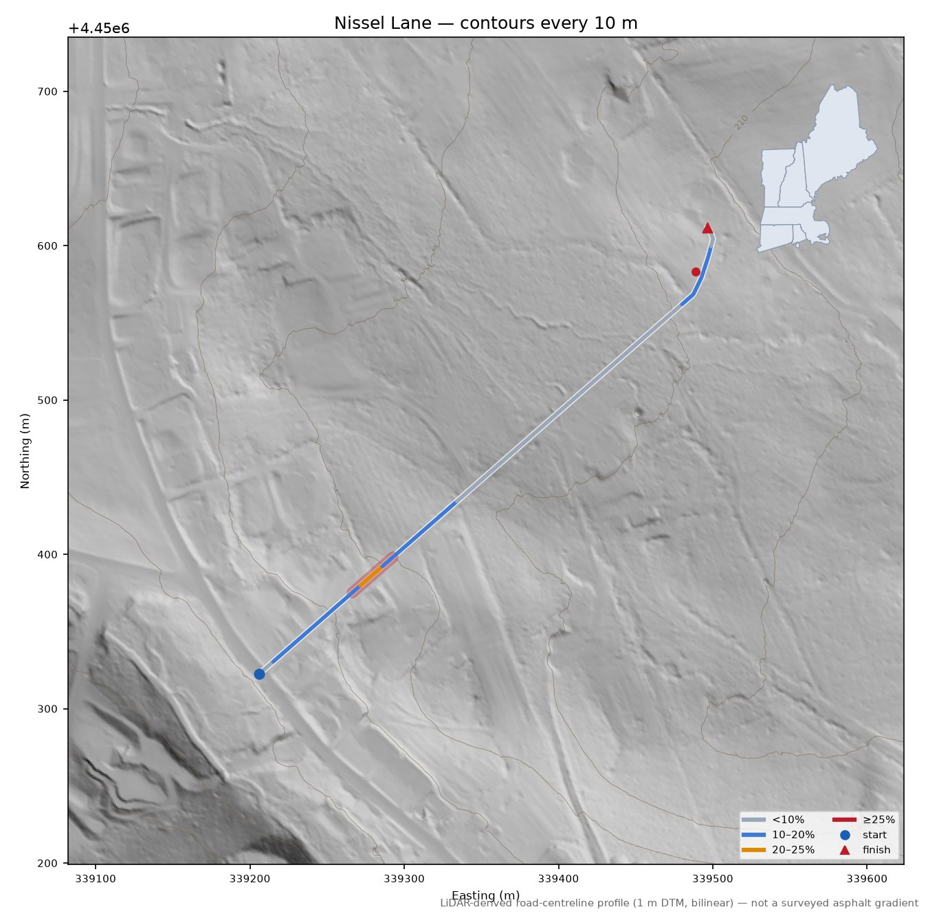 Nissel Lane LiDAR hillshade map with contours