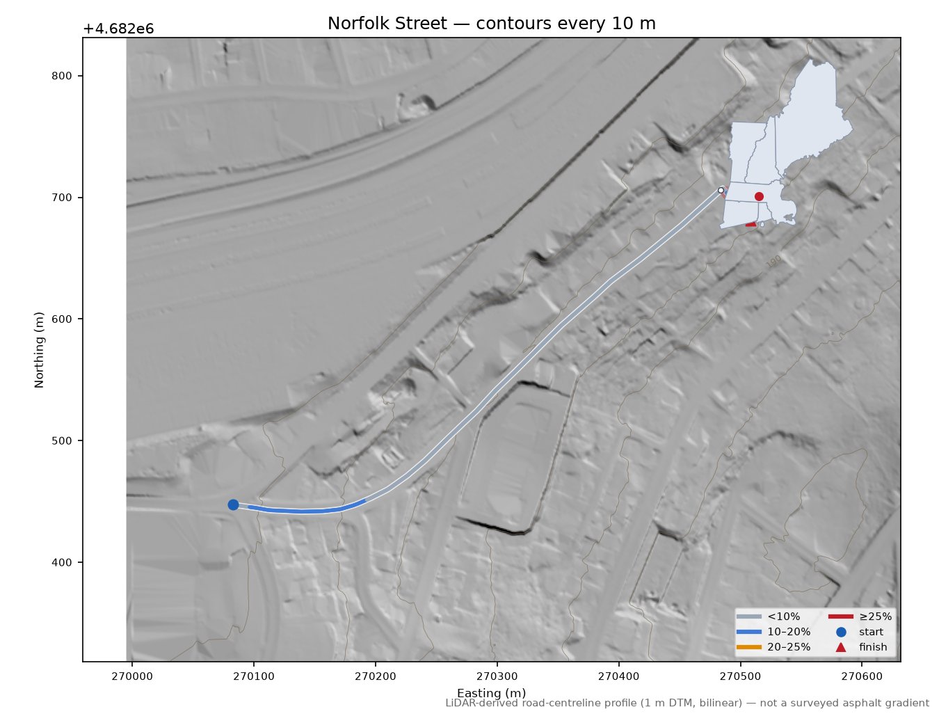 Norfolk Street LiDAR hillshade map with contours