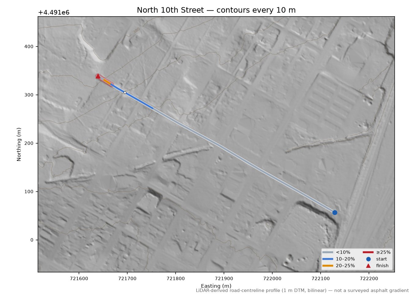 North 10th Street LiDAR hillshade map with contours