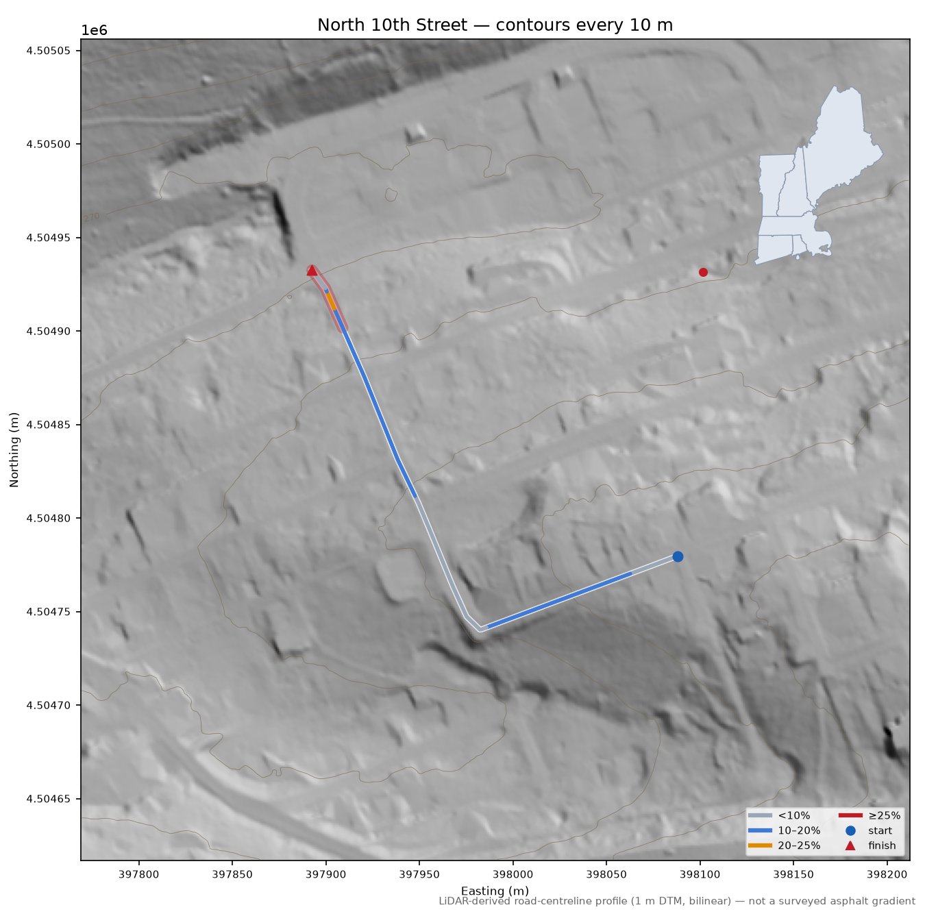 North 10th Street LiDAR hillshade map with contours