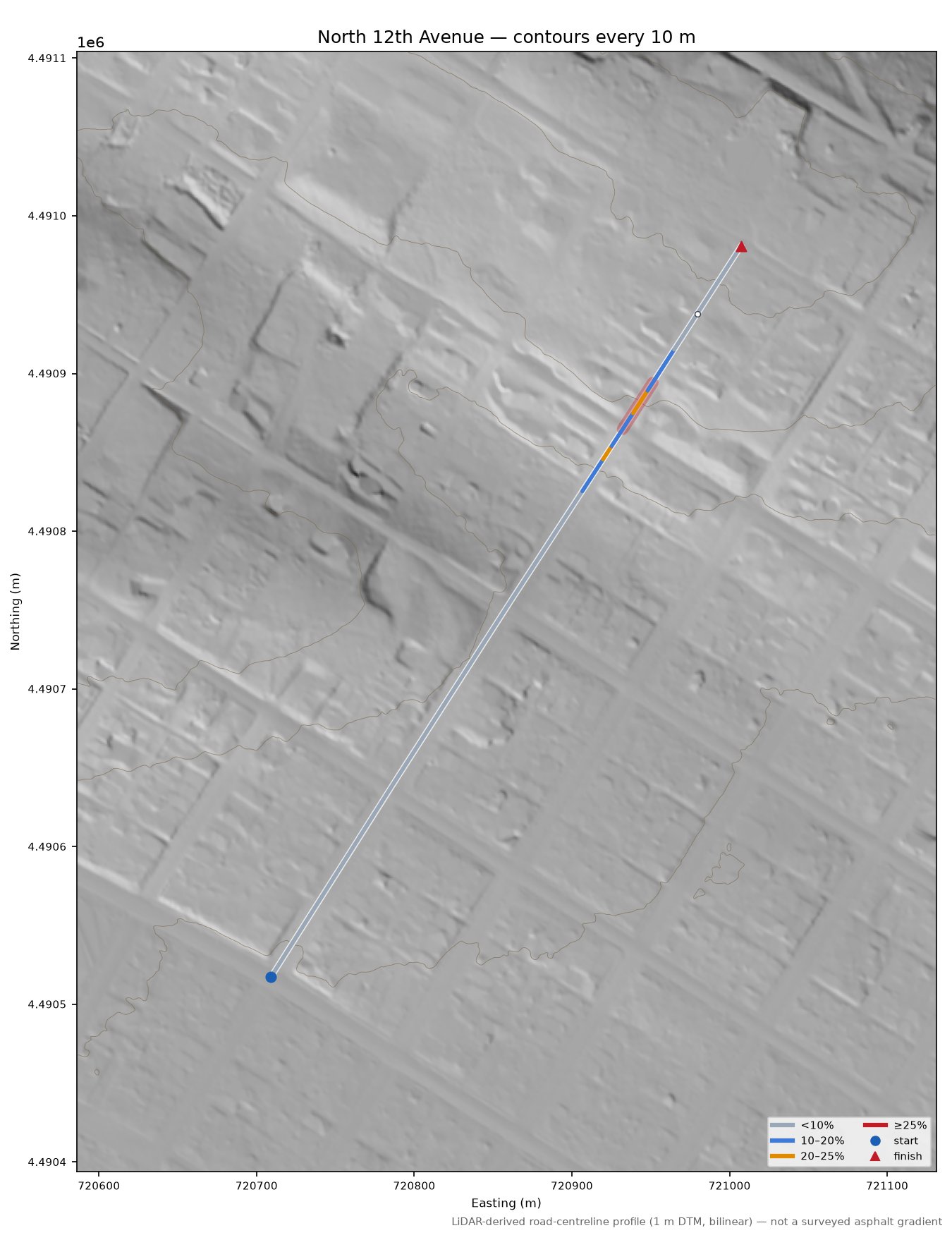 North 12th Avenue LiDAR hillshade map with contours