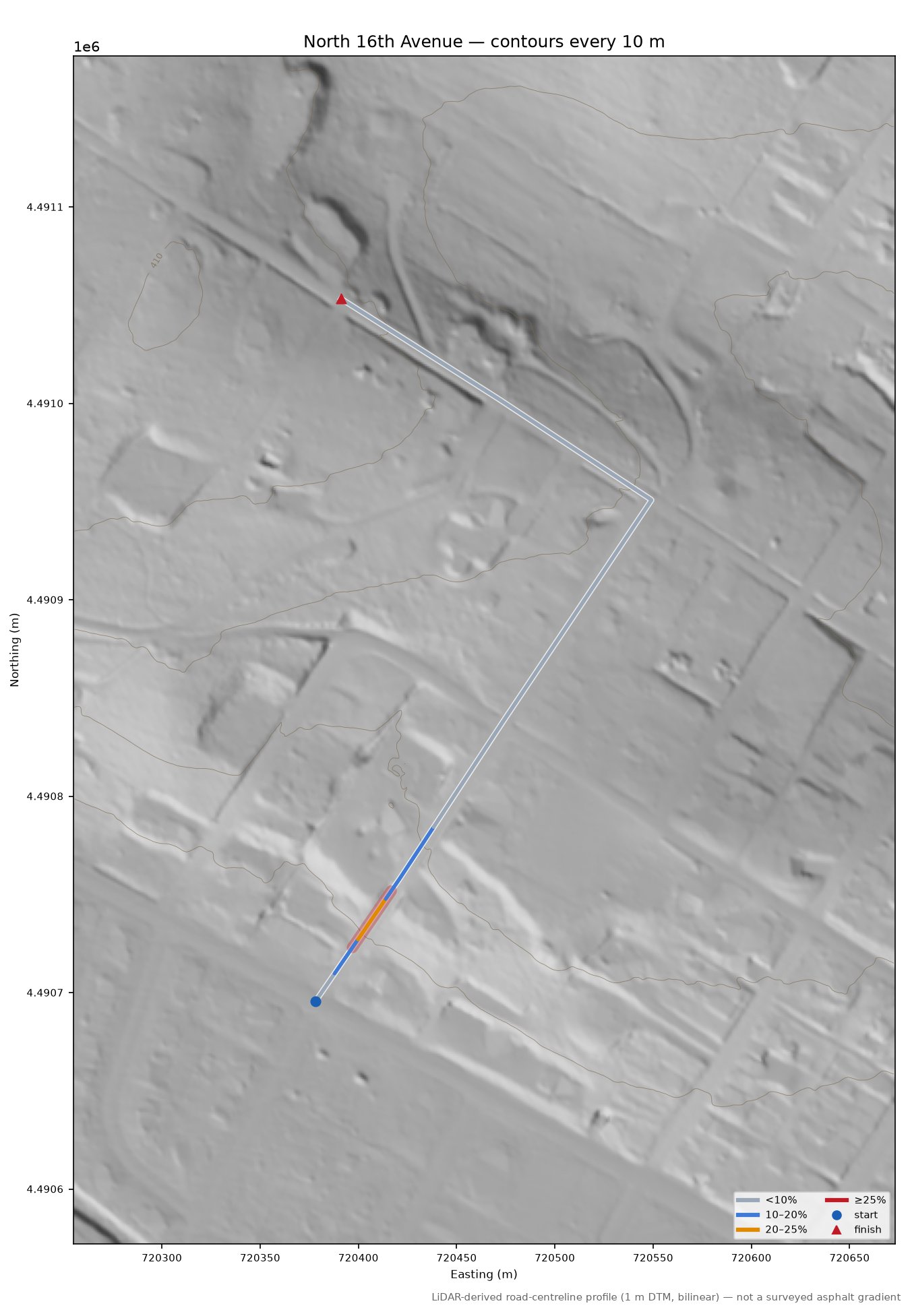 North 16th Avenue LiDAR hillshade map with contours
