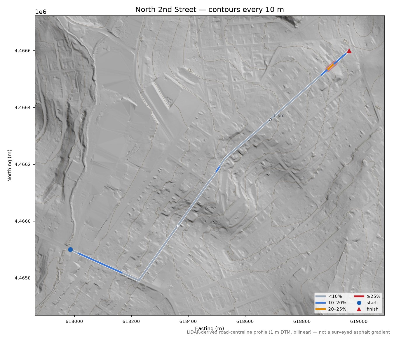 North 2nd Street LiDAR hillshade map with contours
