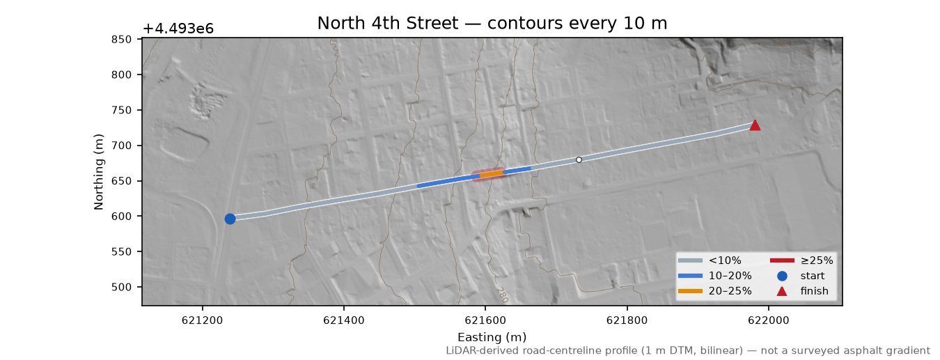 North 4th Street LiDAR hillshade map with contours
