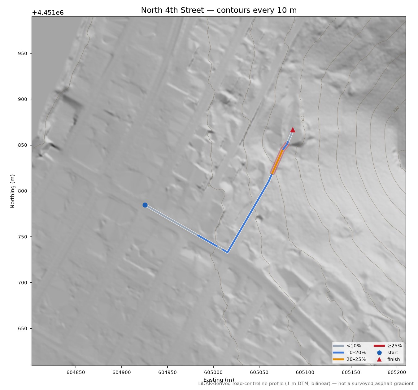 North 4th Street LiDAR hillshade map with contours