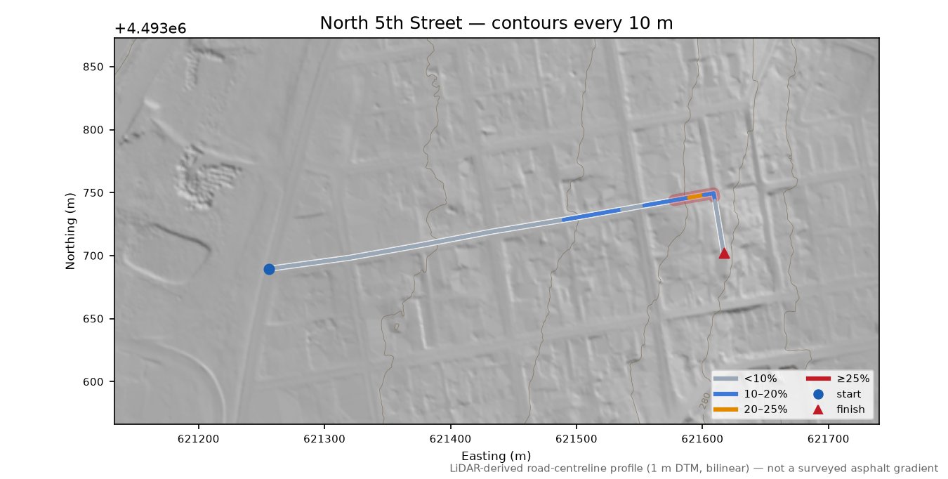 North 5th Street LiDAR hillshade map with contours