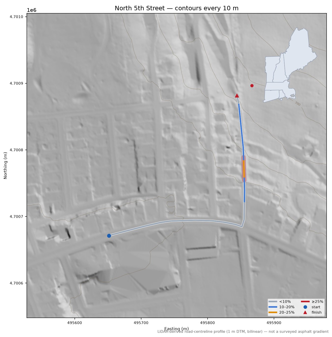 North 5th Street LiDAR hillshade map with contours