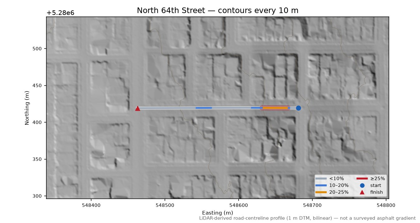 North 64th Street LiDAR hillshade map with contours