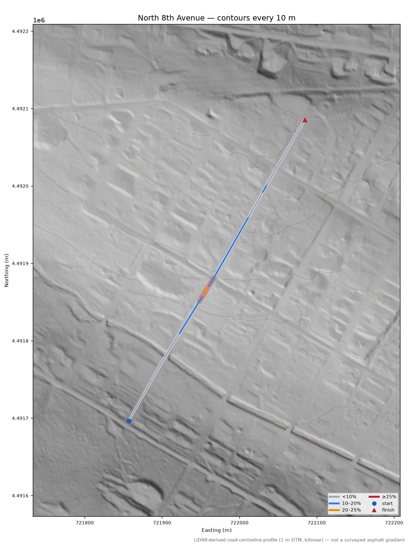 North 8th Avenue LiDAR hillshade map with contours
