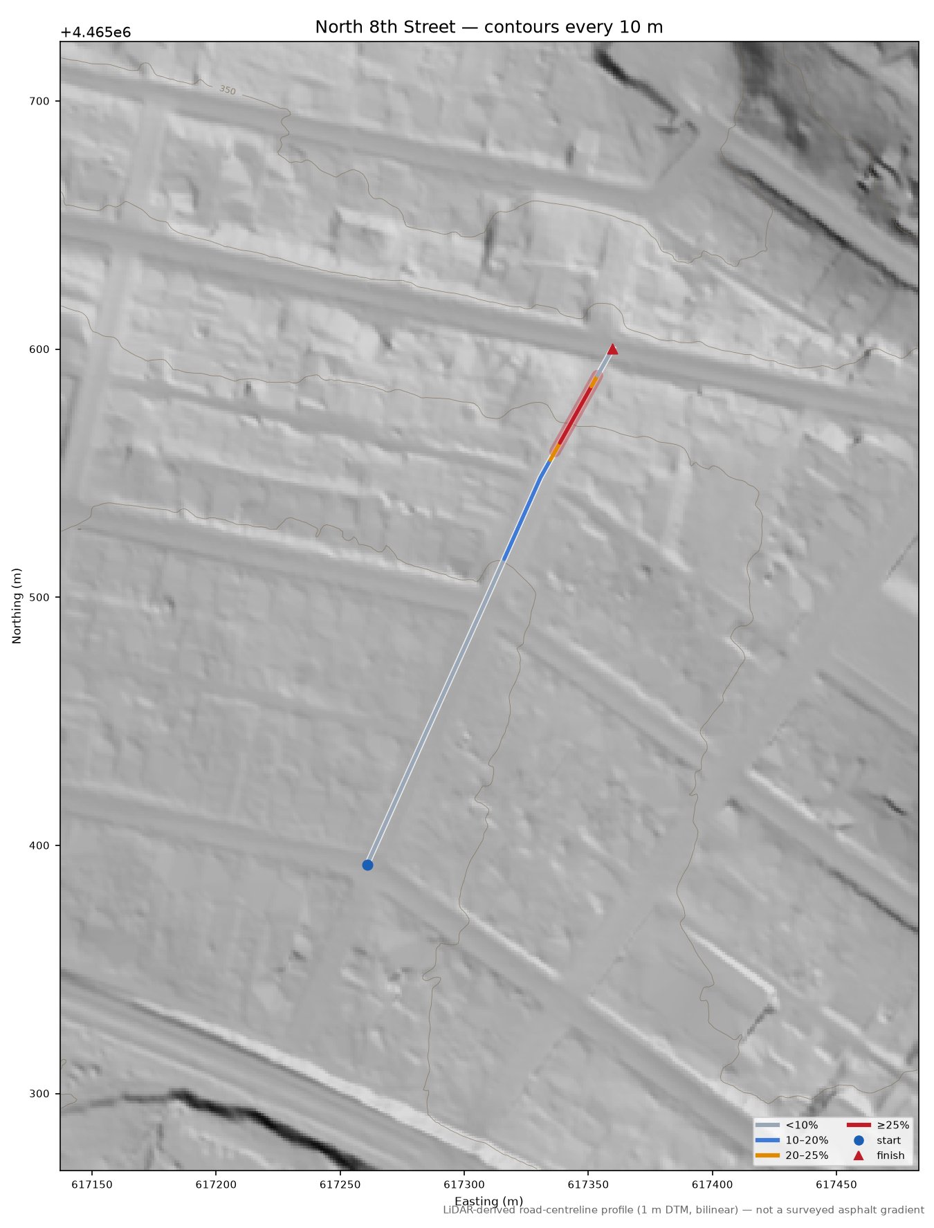 North 8th Street LiDAR hillshade map with contours