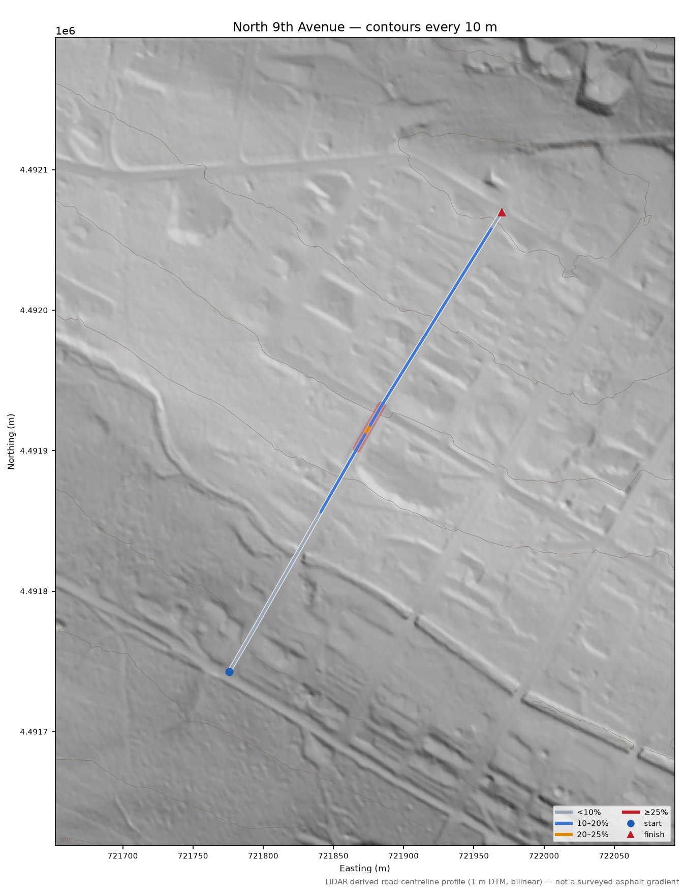 North 9th Avenue LiDAR hillshade map with contours