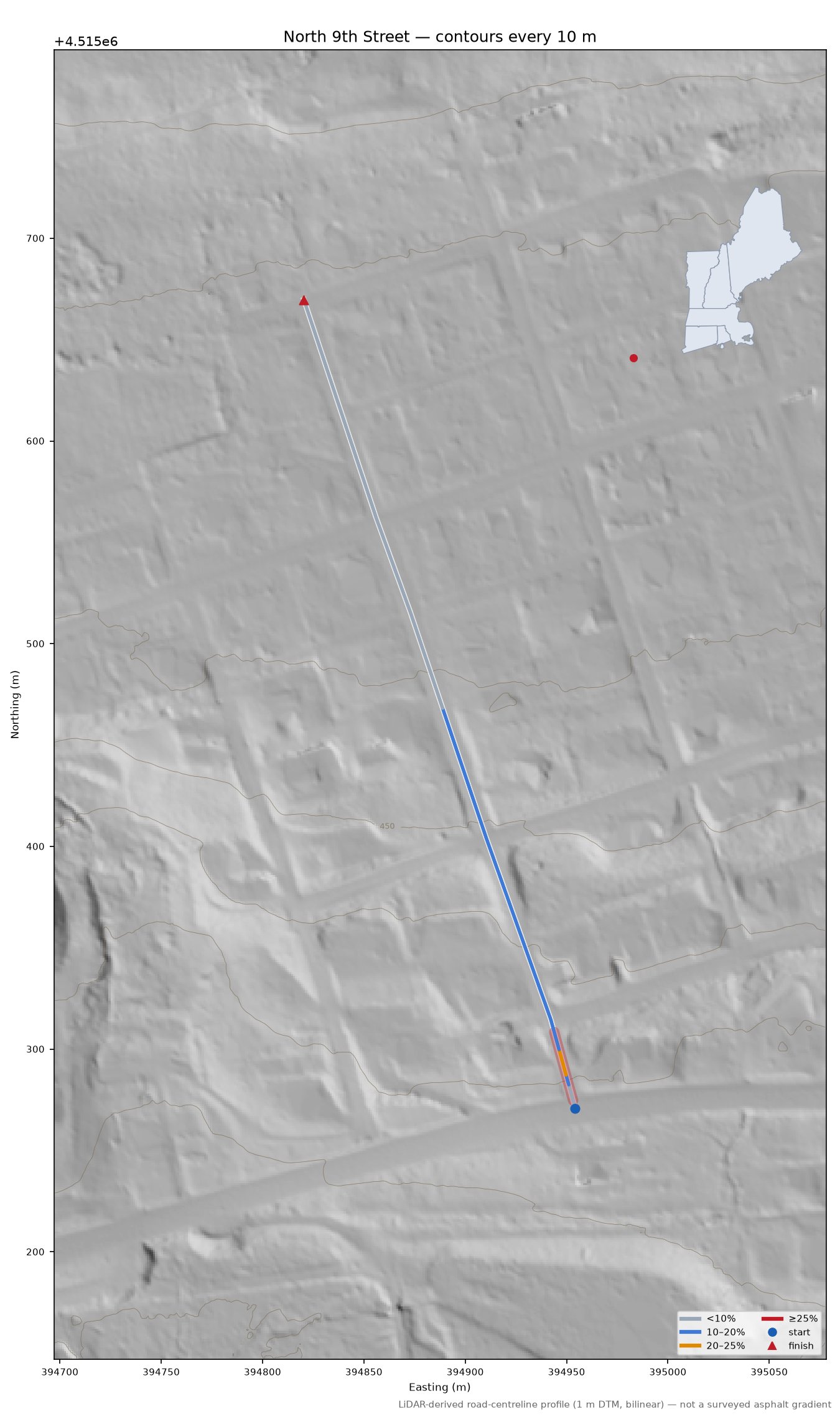 North 9th Street LiDAR hillshade map with contours
