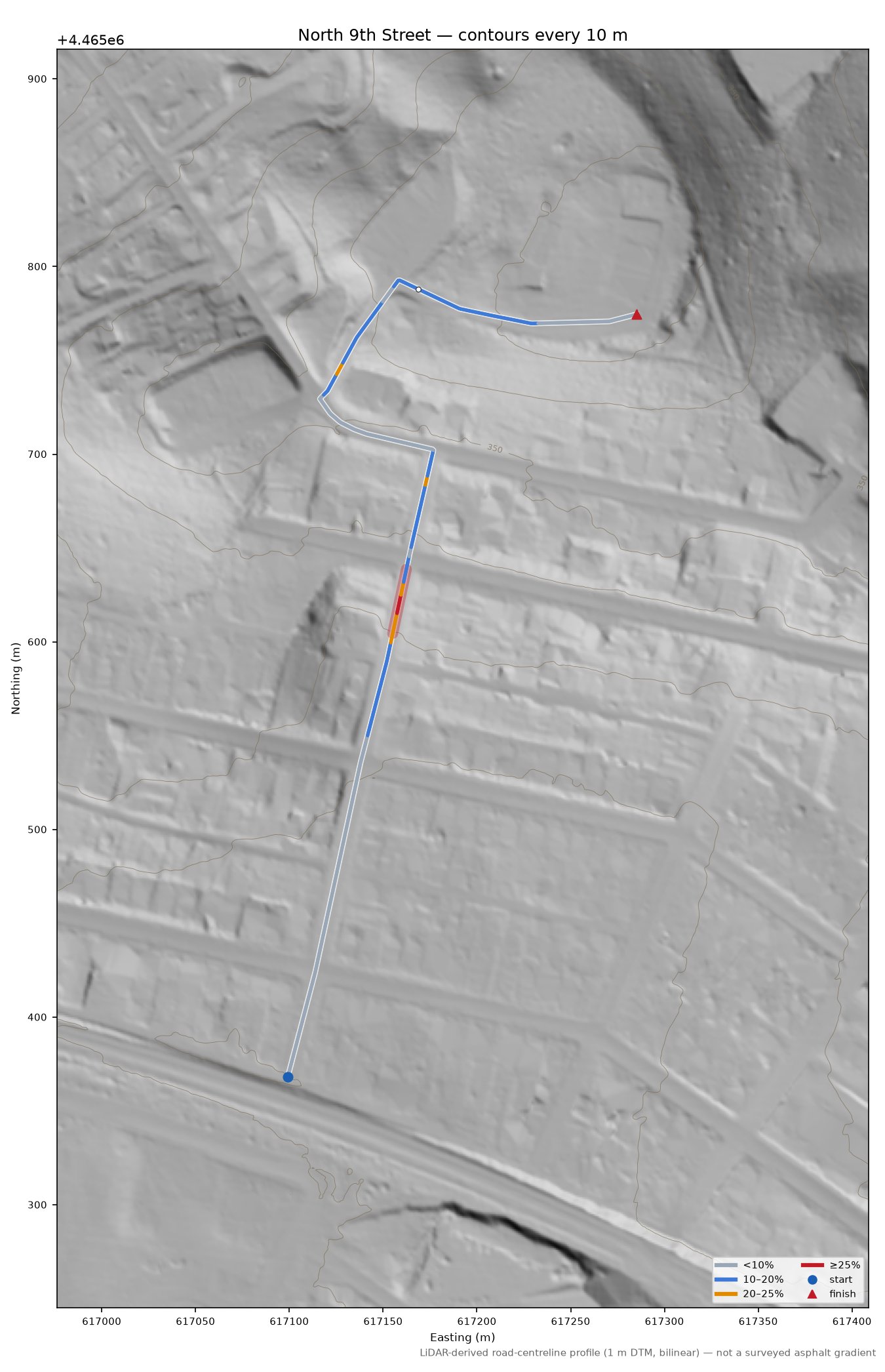 North 9th Street LiDAR hillshade map with contours