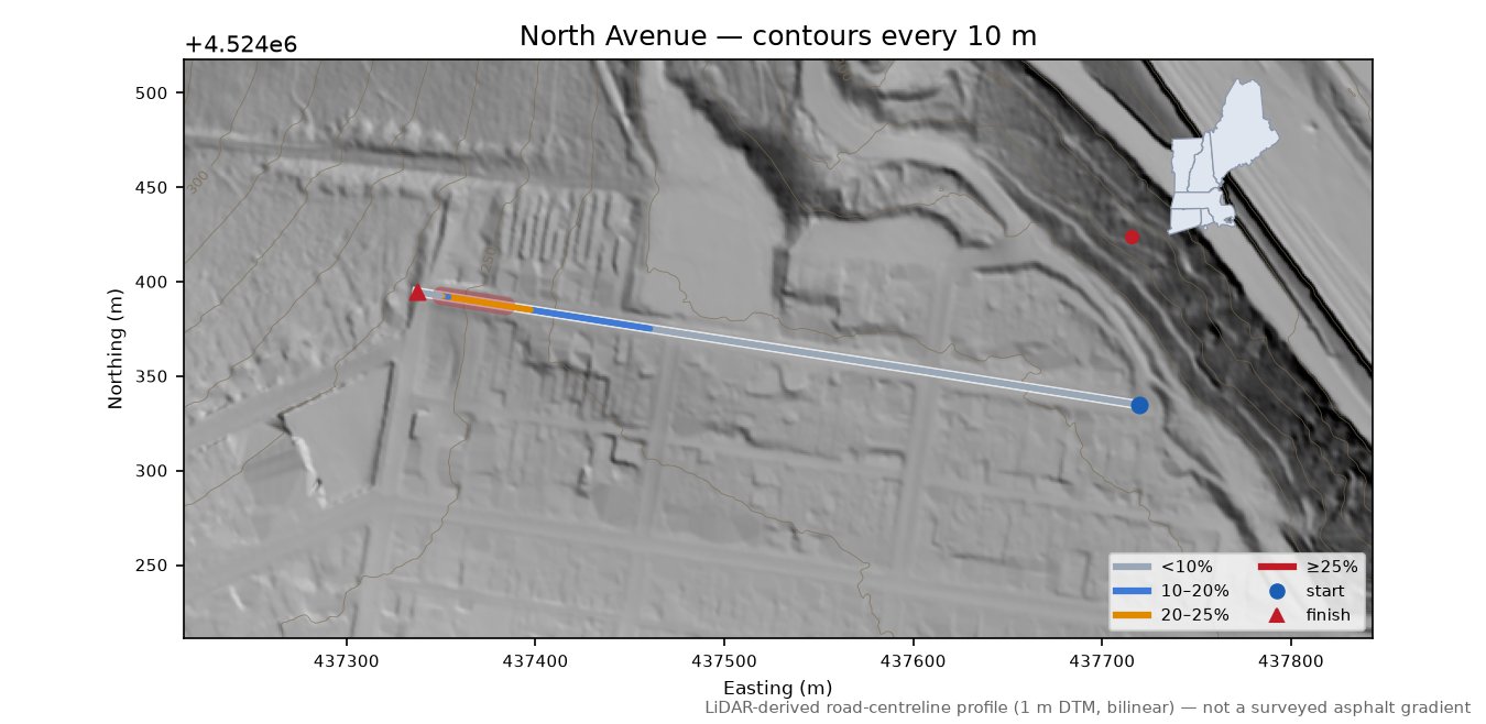 North Avenue LiDAR hillshade map with contours
