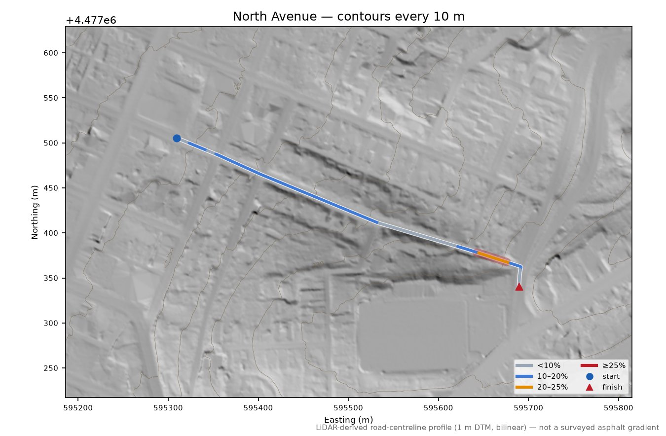 North Avenue LiDAR hillshade map with contours