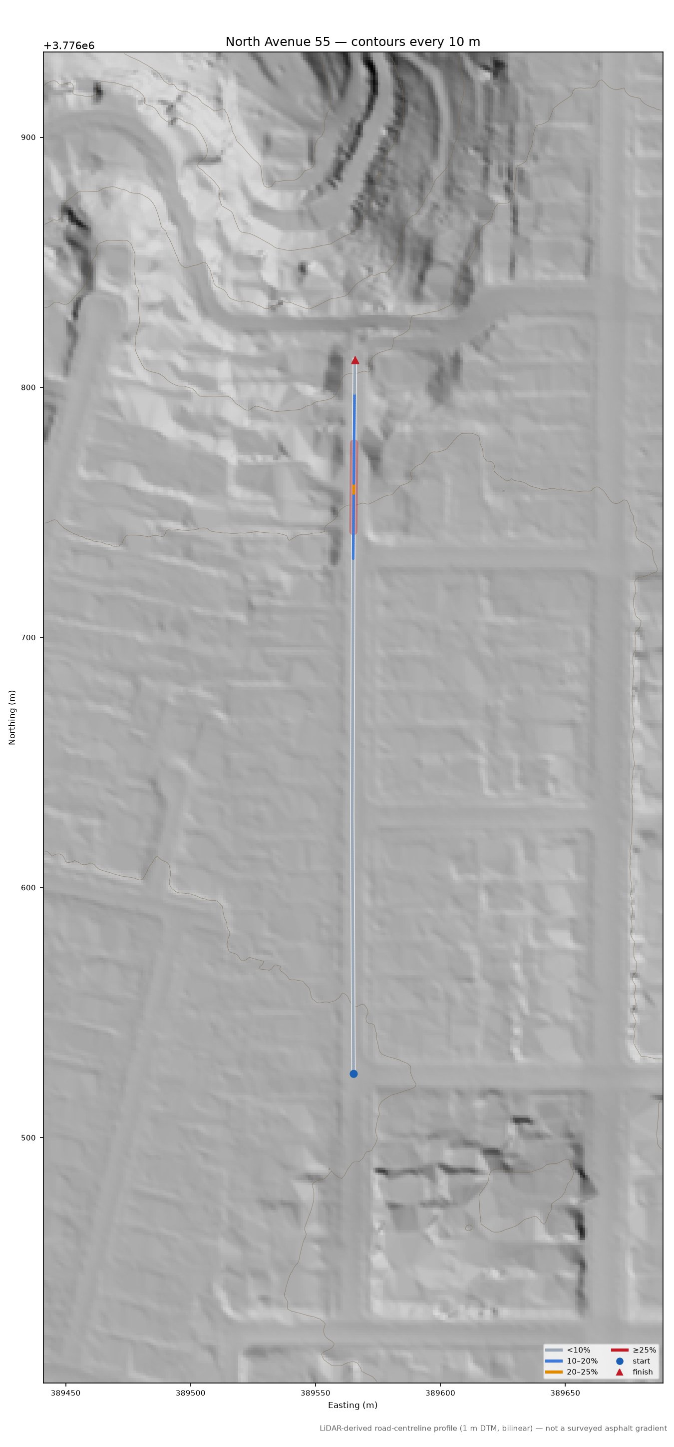 North Avenue 55 LiDAR hillshade map with contours