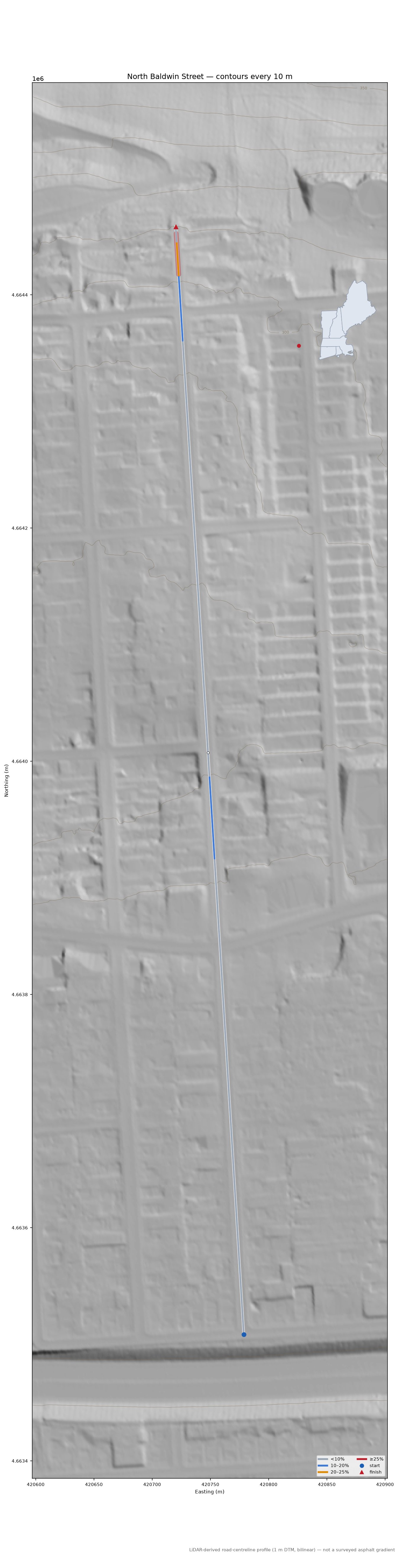 North Baldwin Street LiDAR hillshade map with contours
