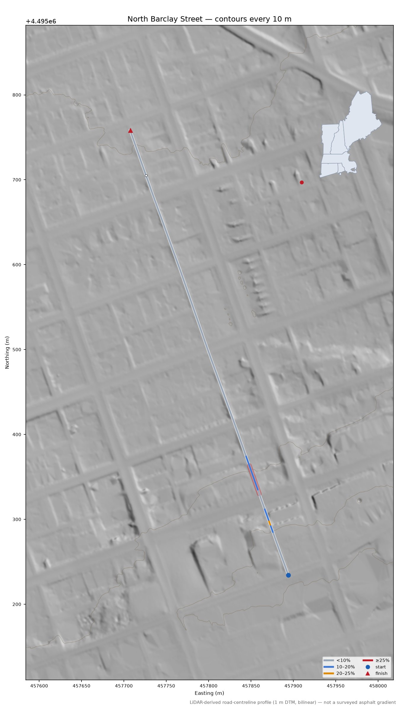 North Barclay Street LiDAR hillshade map with contours