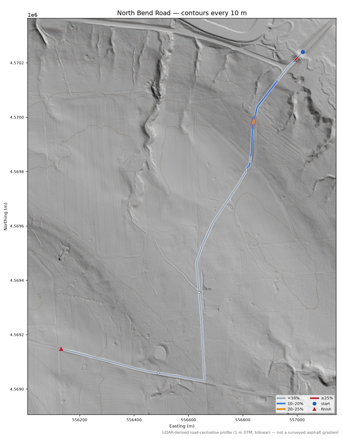North Bend Road LiDAR hillshade map with contours