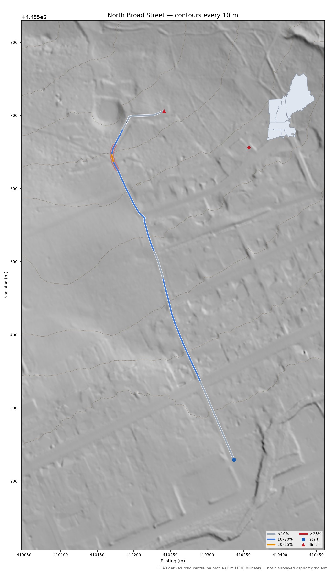 North Broad Street LiDAR hillshade map with contours