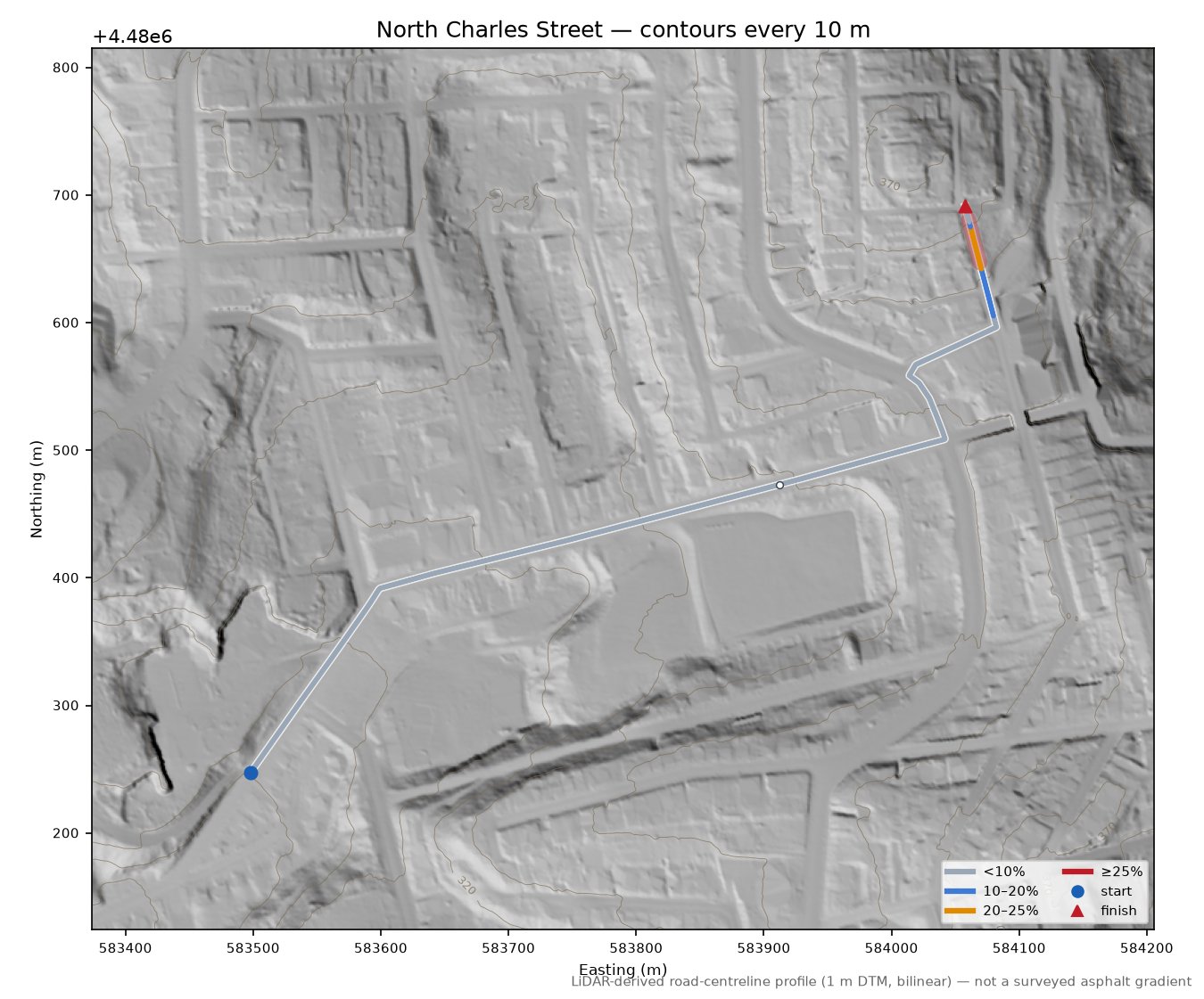 North Charles Street LiDAR hillshade map with contours