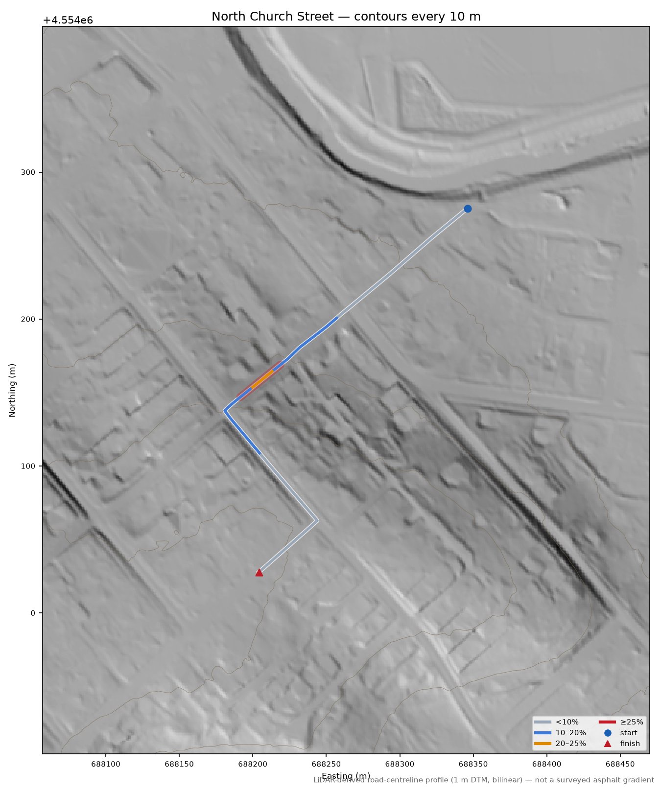 North Church Street LiDAR hillshade map with contours