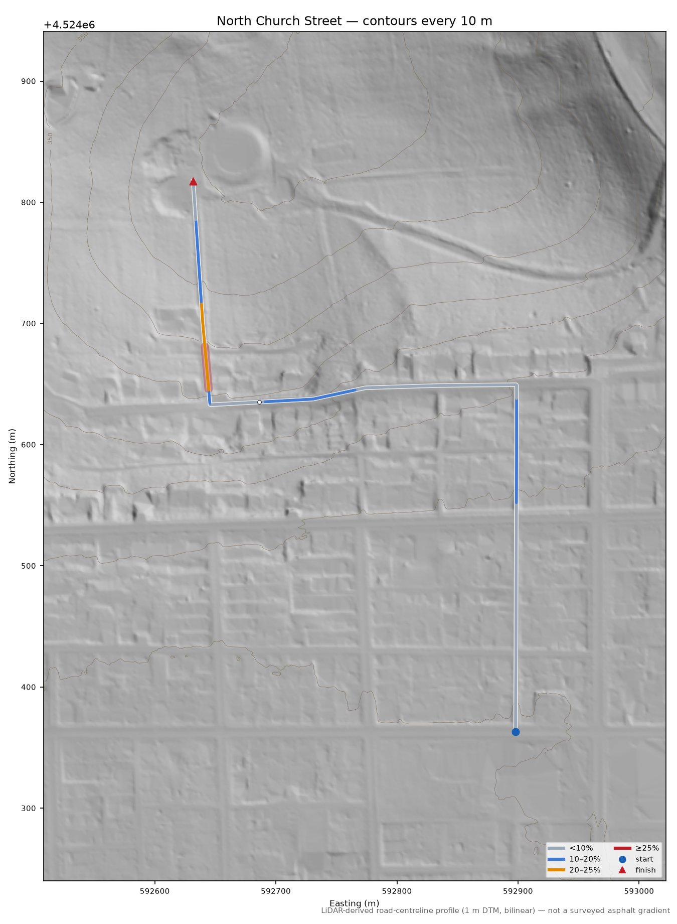 North Church Street LiDAR hillshade map with contours