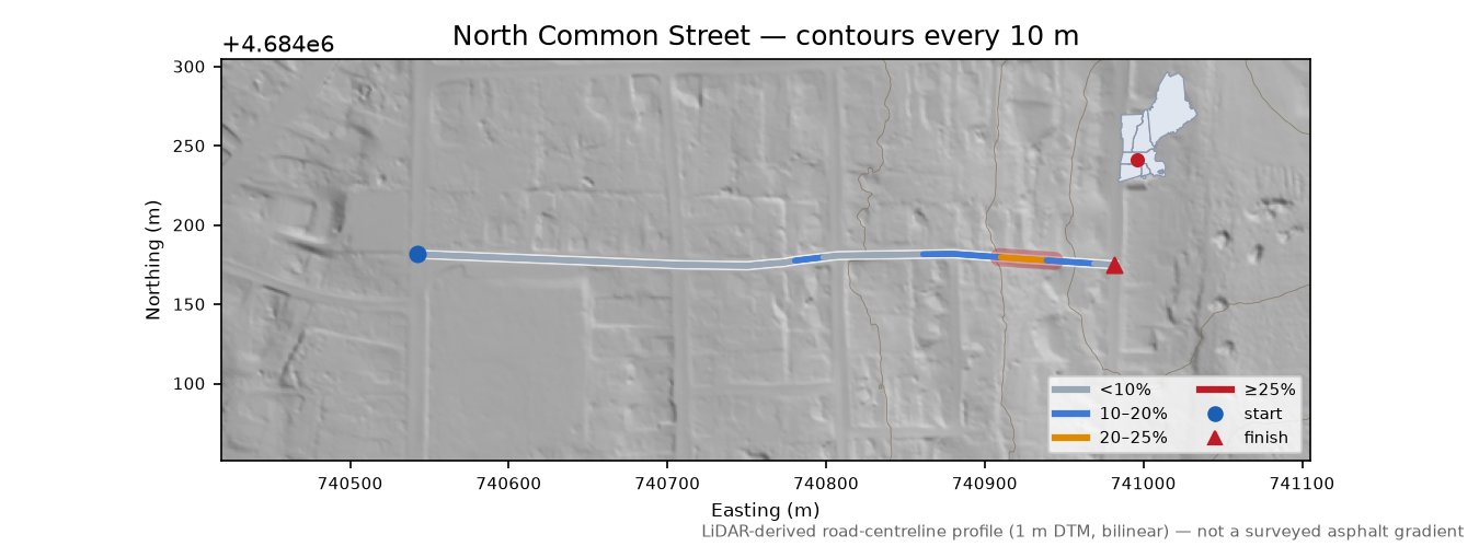 North Common Street LiDAR hillshade map with contours
