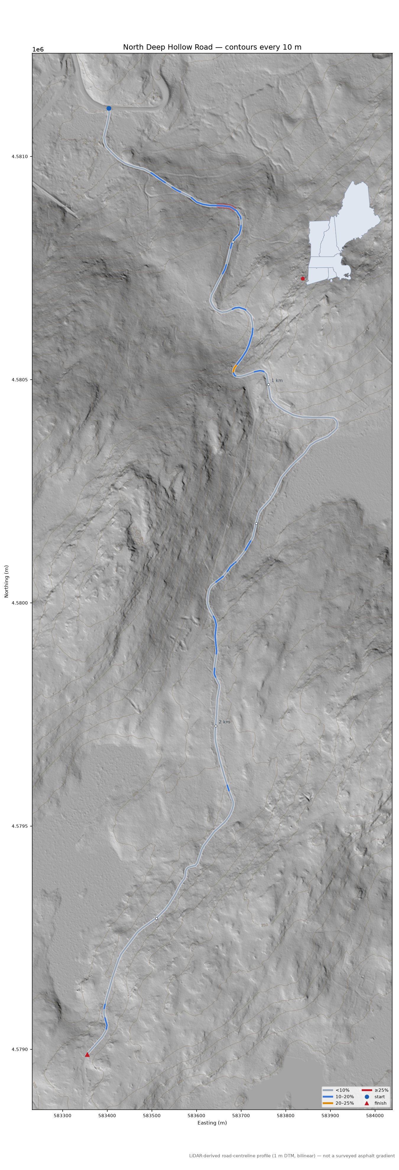 North Deep Hollow Road LiDAR hillshade map with contours
