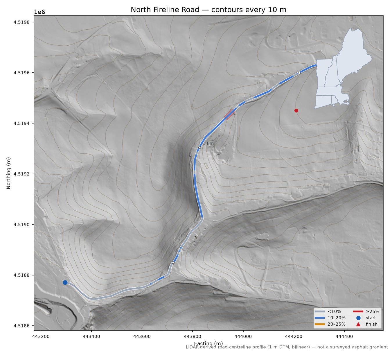 North Fireline Road LiDAR hillshade map with contours