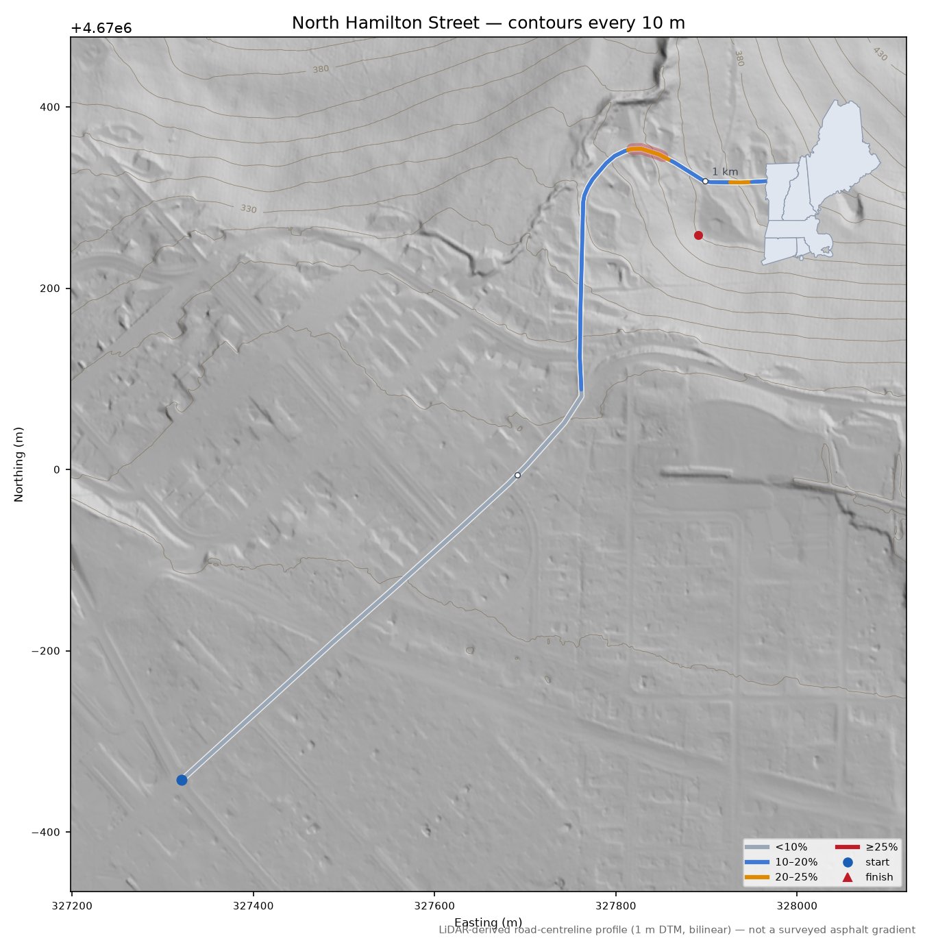 North Hamilton Street LiDAR hillshade map with contours
