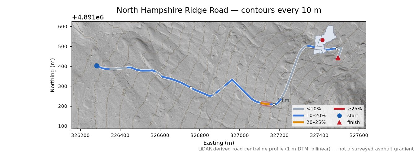 North Hampshire Ridge Road LiDAR hillshade map with contours