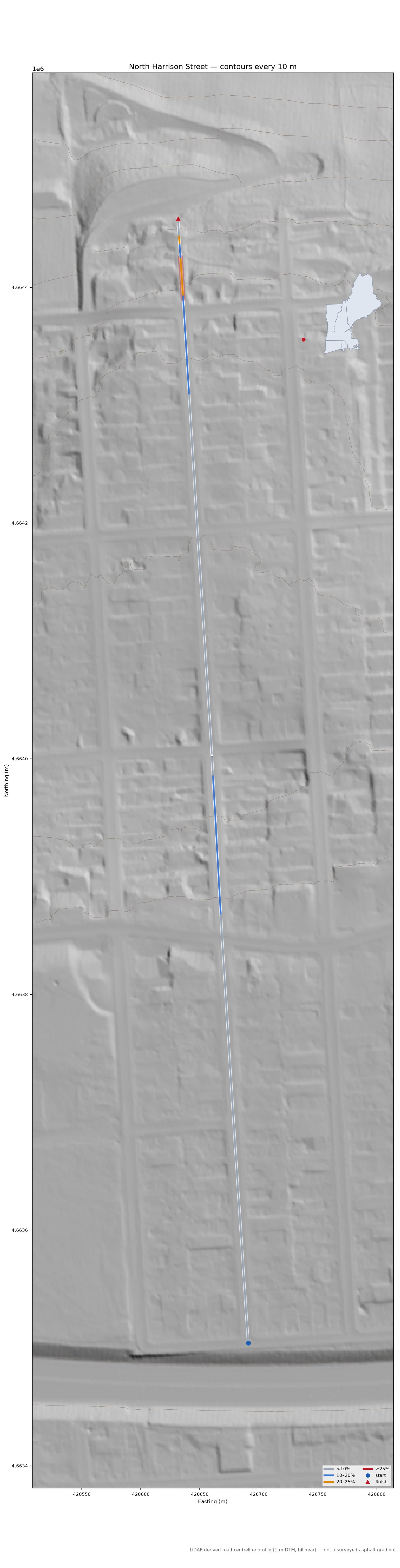 North Harrison Street LiDAR hillshade map with contours