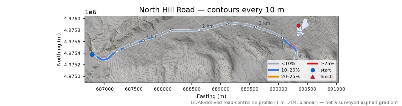 North Hill Road LiDAR hillshade map with contours