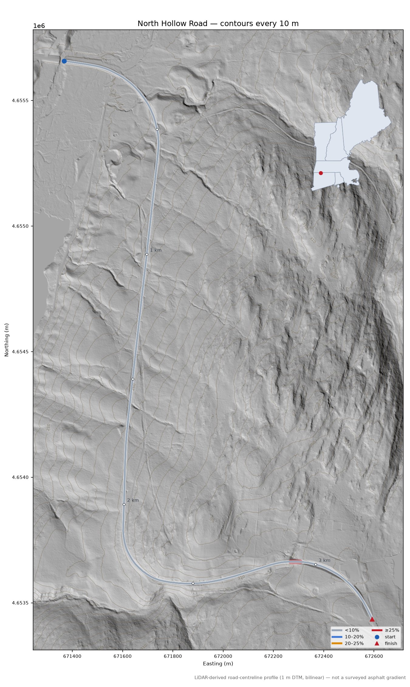 North Hollow Road LiDAR hillshade map with contours