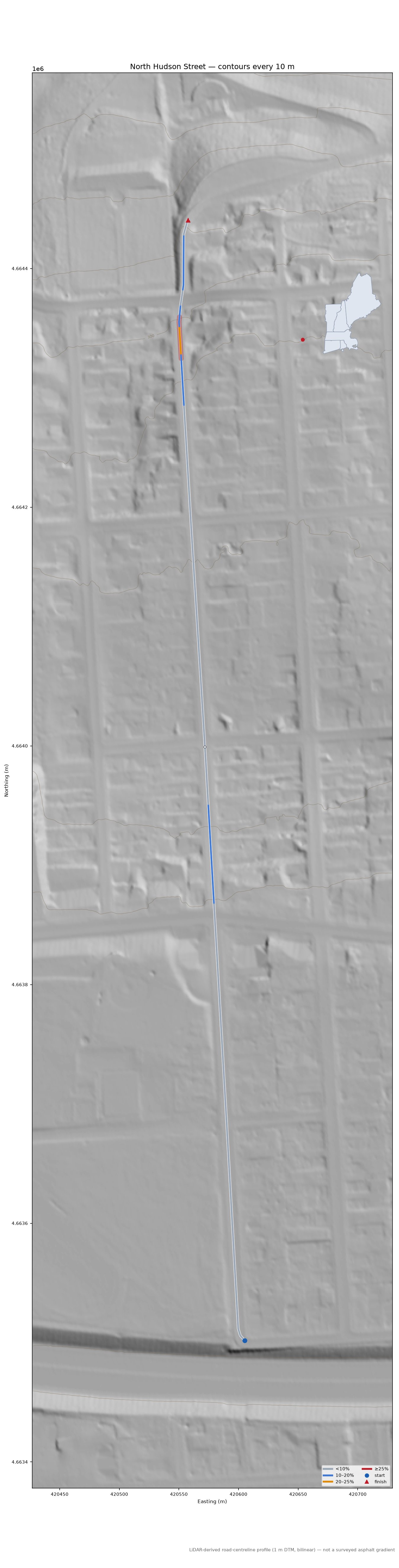North Hudson Street LiDAR hillshade map with contours