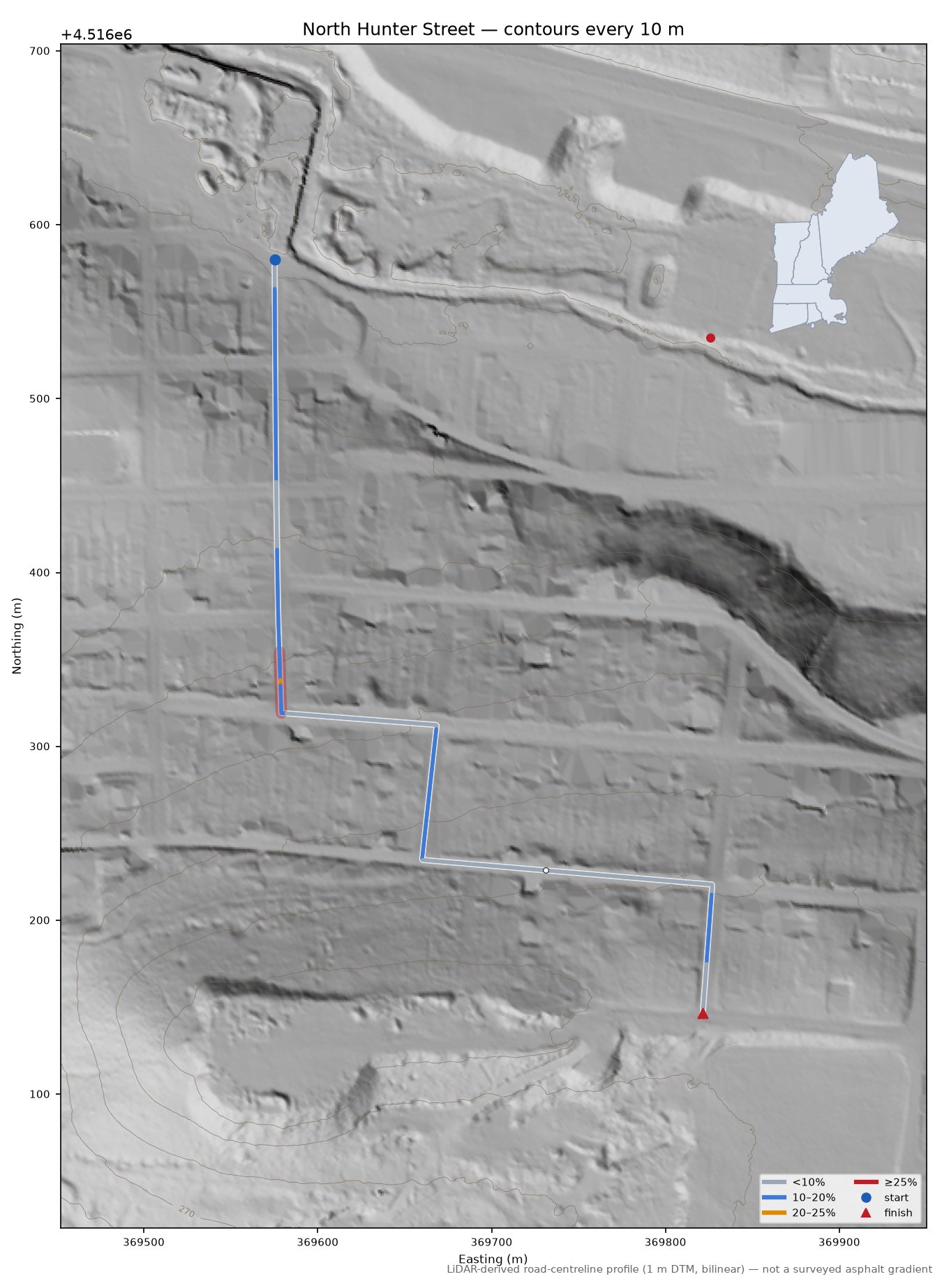 North Hunter Street LiDAR hillshade map with contours