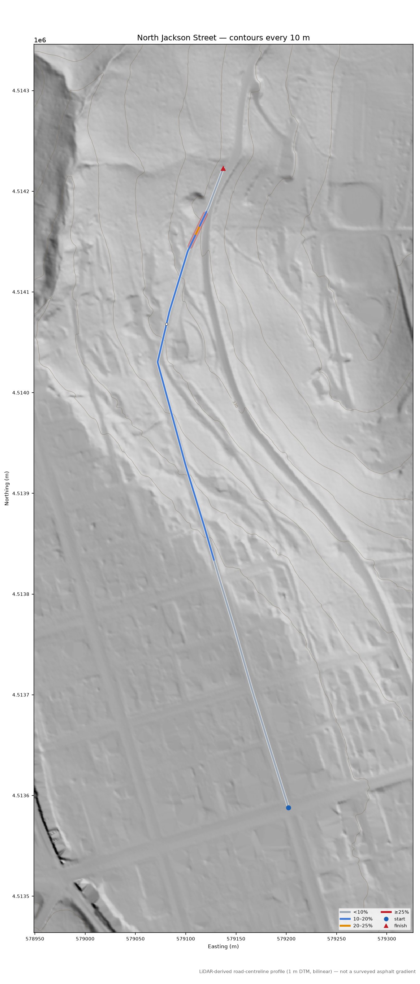 North Jackson Street LiDAR hillshade map with contours