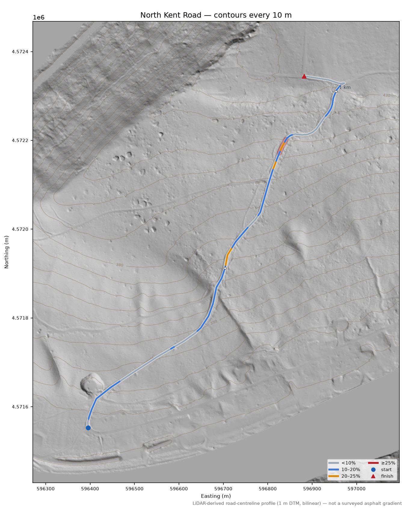North Kent Road LiDAR hillshade map with contours
