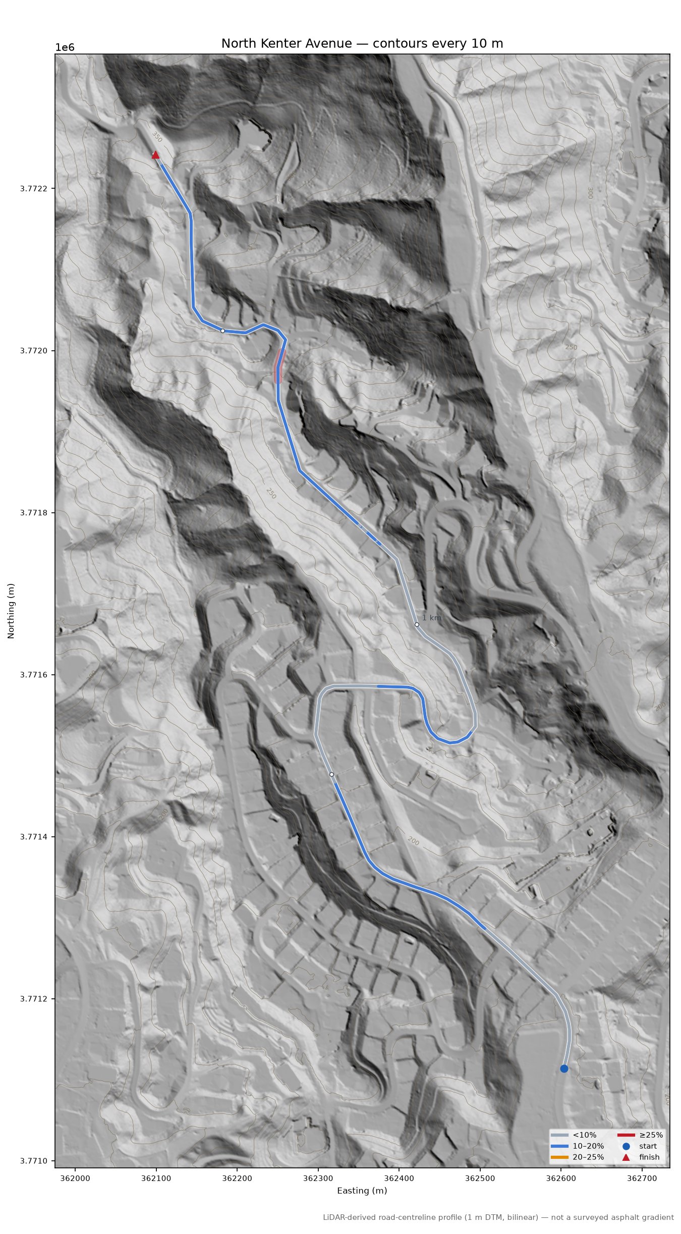 North Kenter Avenue LiDAR hillshade map with contours